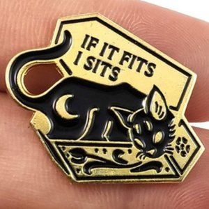 Metal and Black Enamel Sleeping Coffin Cat "I fits, I Sits" Mini Lapel Pin (New)